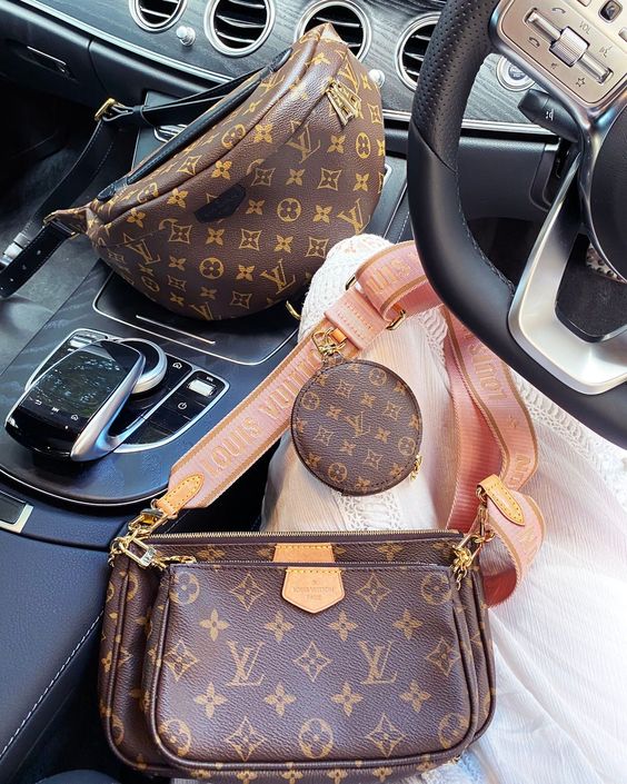 LV Multi Pochette Accessoires Monogram Canvas Crossbody Shoulder Bag with Pink Strap and Two Pouches